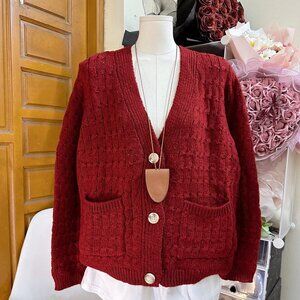 Cozy Cable Knit Cardigan Burgundy Red